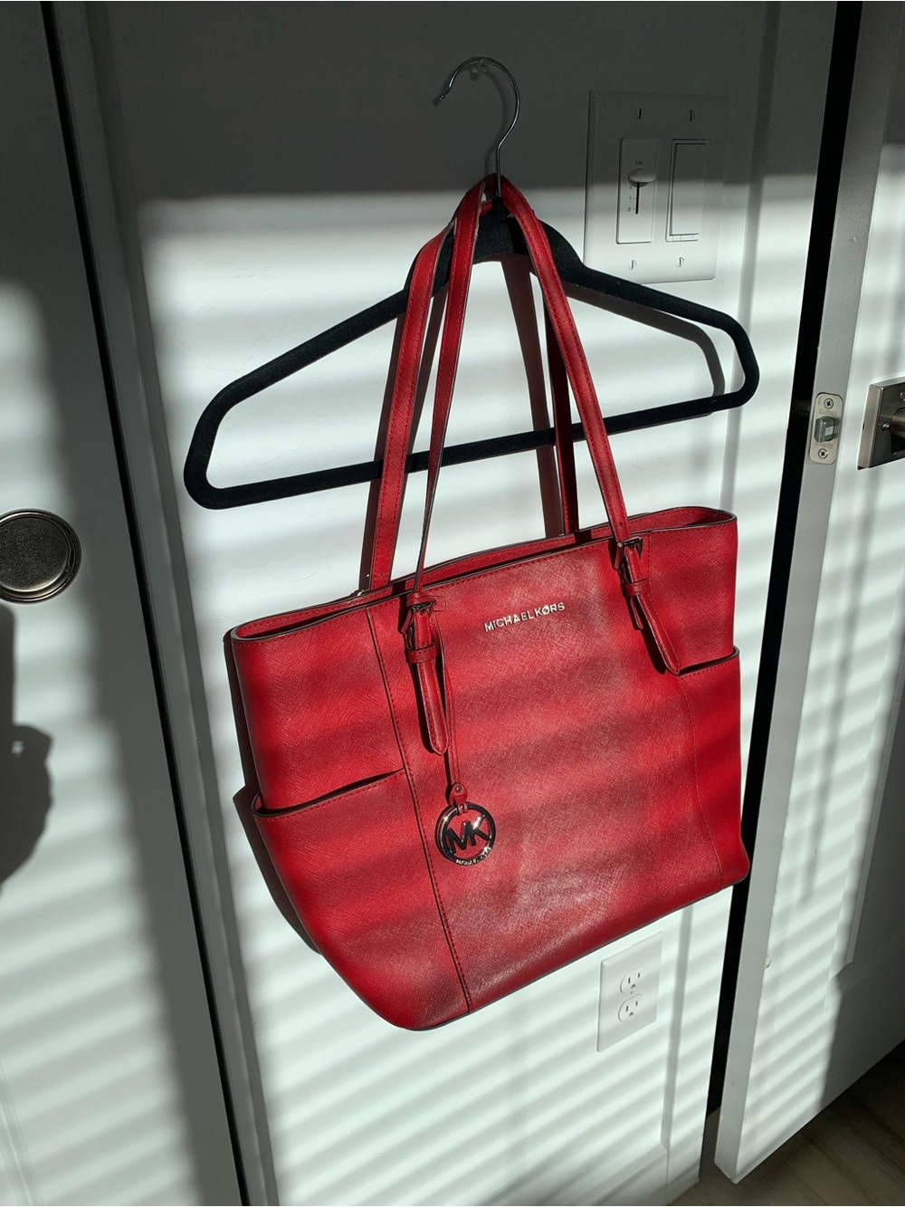 Michael Kors Red Leather Tote with Logo Charm